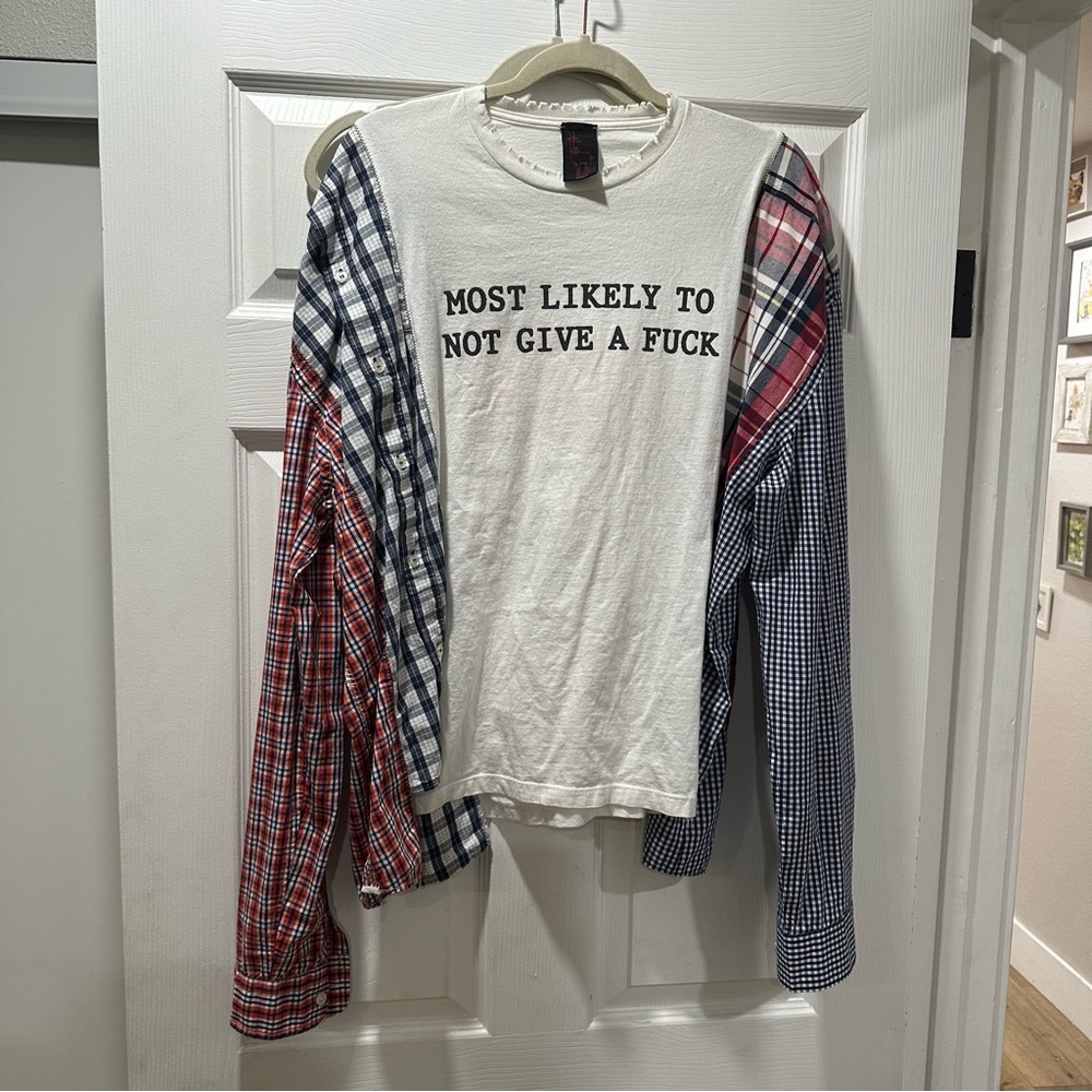 One of a kind shirt with plaid sleeves